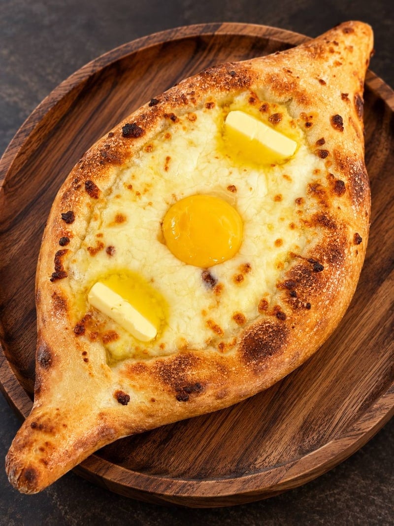 Adjaruli Khachapuri — The famous cheese boat — stir in the egg and butter, then dip the crust.