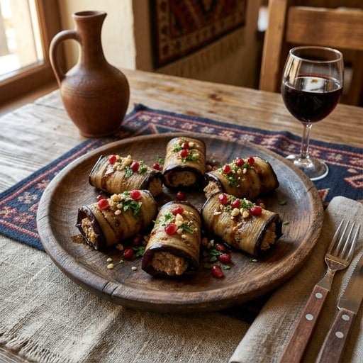 Eggplant with Walnuts — Eggplant rolls with walnut filling — creamy, nutty, garlicky.