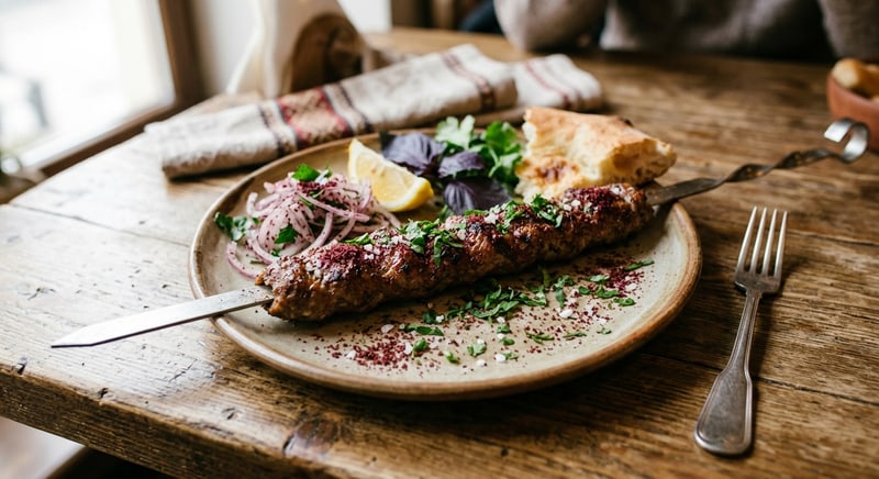 Beef Lula Kebab — Spiced beef kebab on lavash with satsebeli sauce.