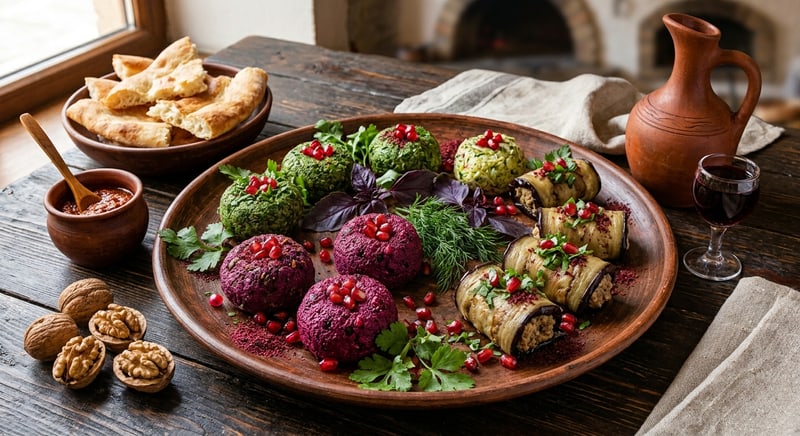 Assorted Pkhali — Try them all: spinach, beet and eggplant with walnuts.