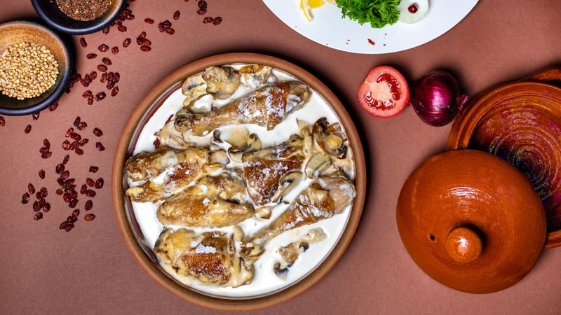 Chkmeruli — Chicken in garlic sauce — a garlic lover's dream.